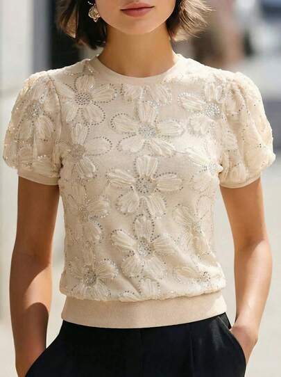 Elegaris Aliao 优雅复古杏色薄纱短袖修身T恤，适合婚礼季、复古富贵风、浪漫假日风、夏季女装、情人节、派对上衣、节日穿搭