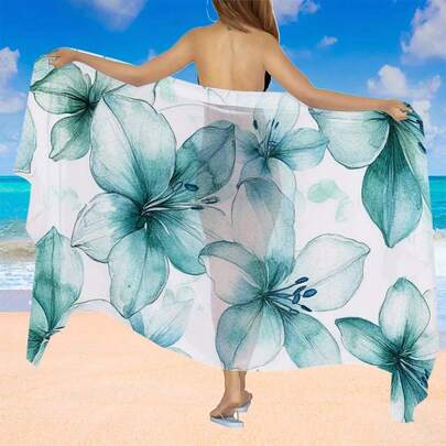 1件波西米亚风云纹印花沙滩纱笼 - 轻盈雪纺长方形多功能半透明披肩，女士泳池及海边配饰，优雅飘逸面料，适合游泳及休闲穿着