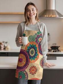 1 pieza, Delantal de poliéster con estampado bohemio, adecuado para cocinar, hornear y jardinería - se puede usar como vestimenta para la cocina y el comedor. - Multicolor - Ver 5