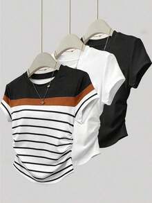 3 piezas Nuevas camisetas de verano de ajuste ceñido para mujer, negro, multicolor, rayas multicolor, uso casual al aire libre, oficina y hogar - Multicolor - Ver 9