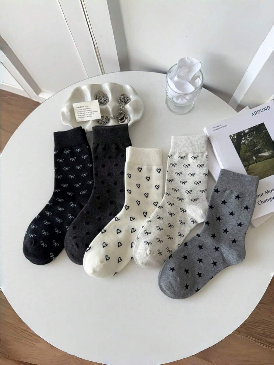5 đôi tất dài đến bắp chân kiểu Hàn Quốc mới, ngẫu nhiên, họa tiết trái tim và nơ, tất lưới thoáng khí thời trang dành cho nữ. - Nhiều màu - Xem 1