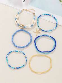7pcs Tropical Ocean Bohemian Style Beaded Alloy Starfish & Shell Decor Bracelet Set - Blue - View 2