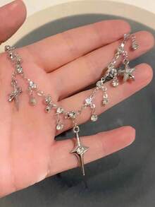 ROMWE Goth 1pc Fashion Iron Alloy Rhinestone & Star Charm Necklace For Women For Daily Decoration - 銀色 - 查看 2