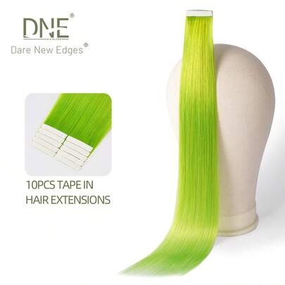 DNE HAIR 10 lọn tóc nối dán bằng băng keo, 100% tóc thật, màu xanh lá cây, 25g, dài 18 inch, mềm mượt, không đường nối, vô hình, highlight nhiều màu sắc, tóc nối cầu vồng chất lượng cao, dày dặn, khỏe mạnh và bền bỉ, tóc nối dán vô hình dành cho phụ nữ/bé gái.