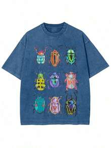 Spring/Summer Fashion,230g Washed, Colorful Insect Program Printed T-Shirts, High-Quality Batik Cotton Retro Fashion Brand T-Shirts, Women's T-Shirts, Women's Summer T-Shirts, Holiday Gifts, Perfect Gifts. ,Friendly, Slouchy Style, Y2K Vintage, Vacation Casual, Weekend Wear, Mother's Day Gift, Unisex - Màu xanh lam - Xem 7