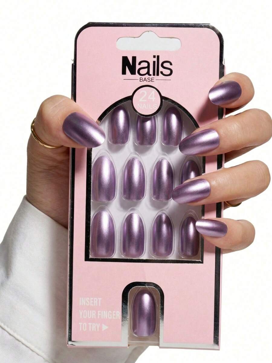 美甲底片 24 片/套 可卸深祖母绿闪粉美甲椭圆形按压式美甲贴片，ABS 材质假指甲按压式，女士时尚美甲，搭配 1 片果冻胶和 1 把指甲锉，适合派对和旅行 - 彩色 - 查看 1