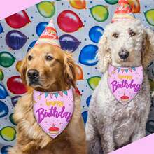 Pañuelo de feliz cumpleaños para perro, lavable, pañuelo triangular, ajustable, estampado de doble cara, rosa, globos de pastel (grande) - Pastel rosa Globo Estrellas - Ver 6