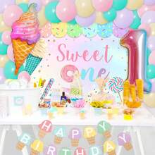 Dulce decoración de cumpleaños para bebé niña 1er cumpleaños juego de decoración de fiesta con cajas de globos, telón de fondo, guirnalda, pancarta de dona, suministros de fiesta temática de helado - Rosa 1 - Ver 7