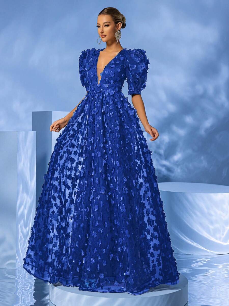 YISIKADO 女款深V領蓬蓬袖晚禮服大禮服，3D花卉裝飾與網紗面料，黑色，適合婚禮派對秋季