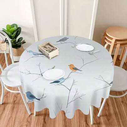 1 pezzo/Set da 25 pezzi Tovaglia rotonda delicata con rami e uccelli - Motivo sfumato blu e bianco con uccelli, design con bordo arricciato, decorativa per vacanze, uso quotidiano, feste, pranzi, cene, decorazione per la casa, feste, ristoranti, soggiorni, matrimoni all'aperto, campeggio, picnic, uso interno/esterno