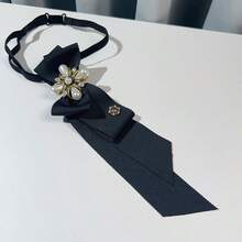 British Retro College Style Black Pearl Bow Tie With Rhinestones For Women, No-Knot Design Bow Tie Accessory - 黑色 - 查看 3