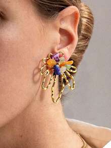 Frminee 1 Đôi bông tai mùa hè kiểu retro họa tiết hoa bằng thép không gỉ mạ vàng 18K, phong cách Bohemian, phù hợp để đeo hàng ngày và trong các dịp lễ, món quà trang sức thời trang phương Tây dành cho phụ nữ. - Vàng - Xem 2