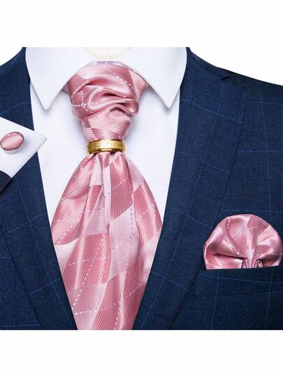 Men's Pink Geometric Diamond Pattern Ascot Tie Pocket Square Cufflinks & Gold Ring 4Pcs Set For Wedding Party