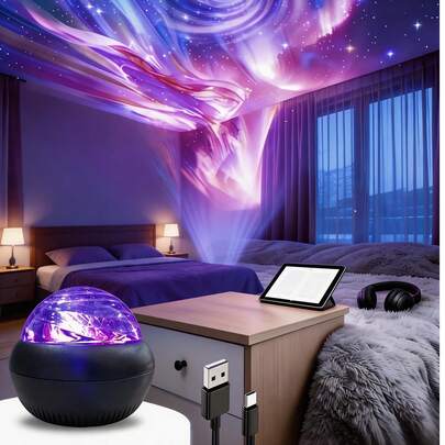 黑色飞碟底座投影灯，具备星空/波浪/极光效果，配备多色遥控器，C型供电，可营造极光和星空效果，以惊艳的视觉效果提升环境美感。