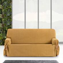 Kiva Housse universelle pour canapé 2 places, monobloc avec fermeture à nouer, disponible en plusieurs coloris - Housse de canapé avec 4 points de fixation robustes - Moutarde mi-saison - Voir 5