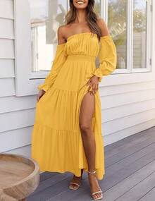 2026 New Bohemian Sexy Off-Shoulder Dress With Ruched Side Slit Long Skirt - cà phê - Xem 4