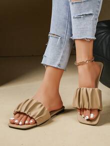 2026 Summer New Arrival Square Toe Pleated Flat Slide Sandals - Khaki - View 5
