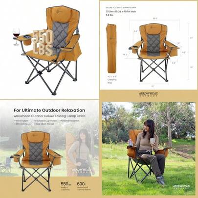 ARROWHEAD OUTDOOR - Silla Plegable portátil de Lujo con reposacabezas Vidrio y portavasos Enfriador de 6 latas Bolsa de Transporte Resistente Capacidad de Peso de 550 Libras