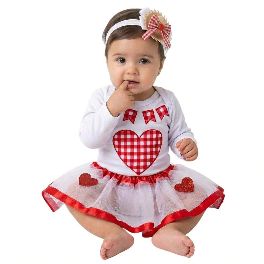 Body Bebe Menina Festa Junina + Laço + Saia Tutu - Temático Manga Longa - Vermelho Xadrez - Visão 1