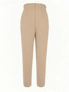 Pantalones de trabajo ajustados de unicolor casual que estilizan la cintura, cortos, color negro para primavera - Caqui - Ver 5