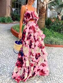 Spring/Summer New Beach Vacation Style Printed 2-Piece Set, Ruffle Camisole Top & Cake Skirt, Polyester Material Pink - Pink - View 9