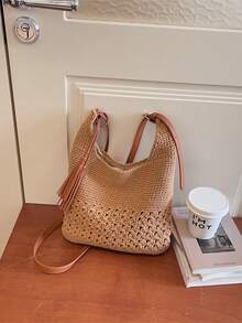 Hollow Tassel Handmade Crochet Shoulder Bag, Zipper Closure, Casual Style Cotton Knitted Bag, Suitable For Vacation, Commute, Daily Use, Dating, Outing In Spring/Summer, College Classes - Khaki - View 10