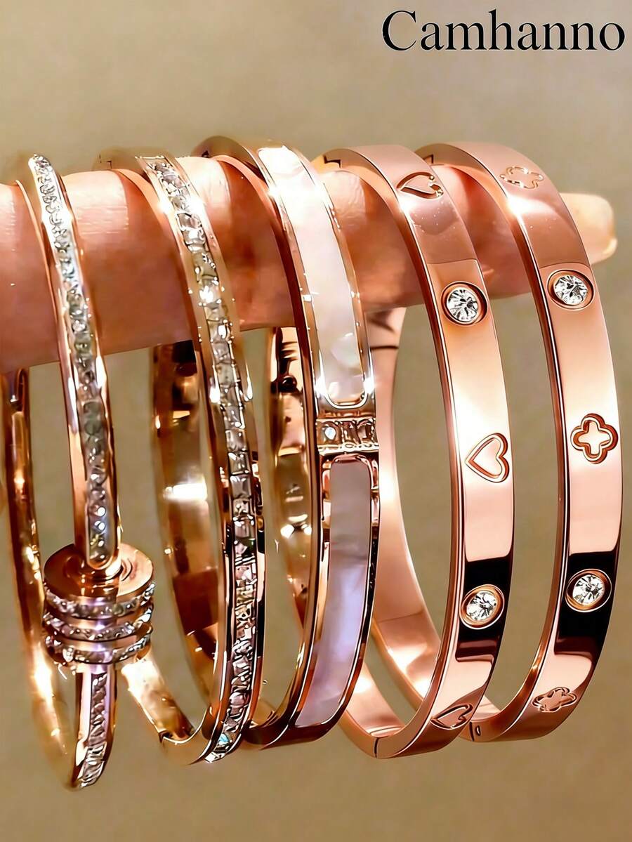 Camhanno 5/1pc Classy Artistic Stainless Steel Bangle Set, 5Pcs Essential Stackable Accessory With Inlaid Decor & Mixed Design, Great For Daily Routines - Rose Gold - View 1