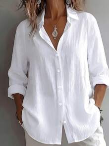Women's White Simple Button Front Shirt, Casual Blouse Suitable For Various Occasions - White - View 1