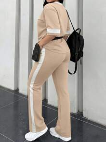 Conjunto de 2 piezas de camiseta de manga corta de cuello redondo y pantalones sueltos de cintura elástica para mujer, uso casual diario, primavera/otoño verano - Albaricoque 117 - Ver 9