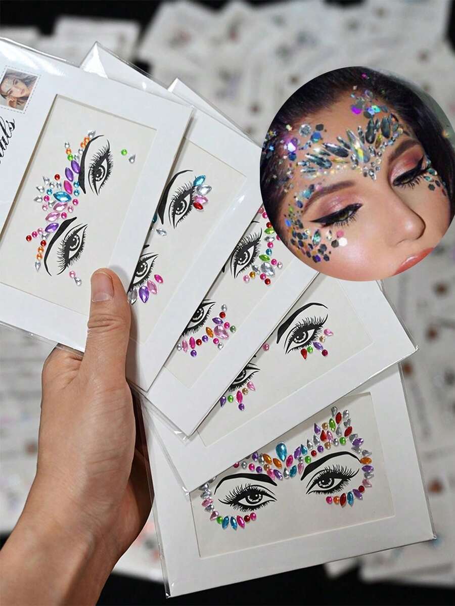 5套臉部寶石貼紙,混色美人魚水晶亮粉臉部飾品,臉部寶石水晶貼紙套組,美人魚臉部寶石臨時紋身貼紙,適用派對(隨機顏色與形狀!!!) - 無 - 查看 1