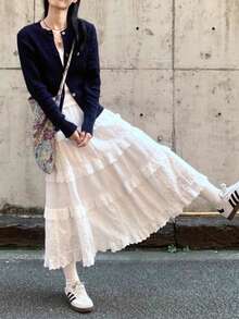 1pc French White Puff Cake Skirt, Delicate Hollow Crochet High Waist A-Line Skirt, Suitable For Women's Resort Wear, Summer Outfit, Collegiate Style,Beach,Wedding - Multicolor - View 6