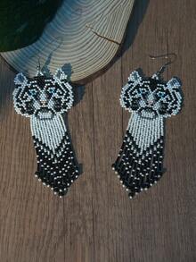 手工虎头流苏耳环，女士时尚长款玻璃珠吊坠耳环，串珠波西米亚风百搭配饰 - 老虎 - 查看 6