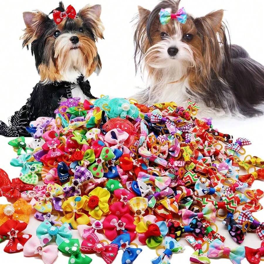 100 PCS Color In Random Dog Hair Bows, Random Mix Rubber Bands Metal Clips Styles Dog Bows With Rhinestone Pearls Flowers Topknot Mix Styles For Puppy Small Pets - Multicolor - View 1