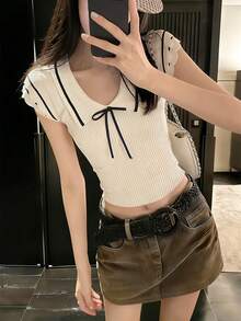 Áo thun tay ngắn dễ thương dành cho nữ, áo dệt kim tay ngắn ôm dáng có cổ. - trắng - Xem 1