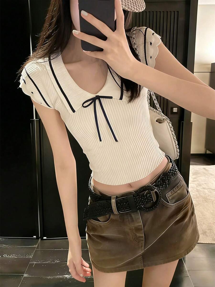 Áo thun tay ngắn dễ thương dành cho nữ, áo dệt kim tay ngắn ôm dáng có cổ. - trắng - Xem 1