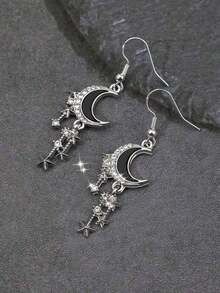 Retro Gothic Crescent Moon & Star Design Earrings For Women - Silver - View 3