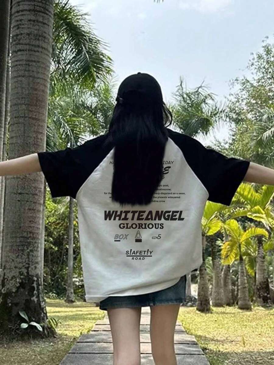 春夏休闲黑白撞色拼接插肩袖个性化字母图案双面印花宽松舒适日常街头风女式短袖T恤
