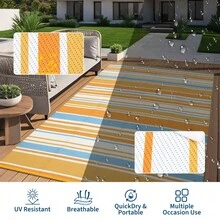 Striped Outdoor Area Rug, Waterproof Outdoor Rug,Reversible Outdoor Rugs, Patio Plastic UV Resistant Garden Rug, Plastic Straw Rug With Portable Bag For Front Door, Kitchen, Entryway, Patio, Porch - Blue/Orange/Yellow/White-9*12ft(274*366cm) - View 8