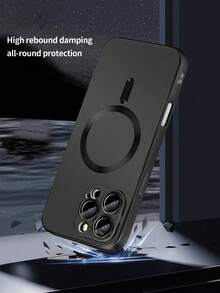 1pc Black Magnetic Matte Spray Oil Metal Skin Feel Lens Film, Liquid Silicone Magnetic Wireless Charging Anti-Fingerprint Full-Body Shockproof Phone Case Compatible With Apple - Black - View 4