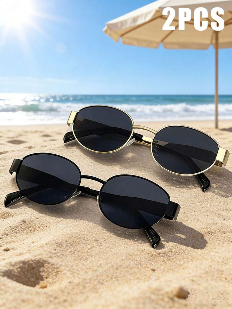 FIYLROG 1pc/2pcs Vintage Oval Frame Men's Fashion Glasses, Unique Wide Metal Texture Temples, Perfect For Outdoor Activities And Driving - Multicolor - View 1
