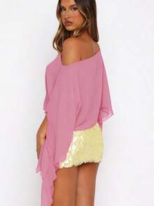 Women Chiffon Poncho Tops Fashion Solid Color Off One Shoulder Loose Fit Summer Cover Up Shawl Blouse - 粉色 - 查看 5