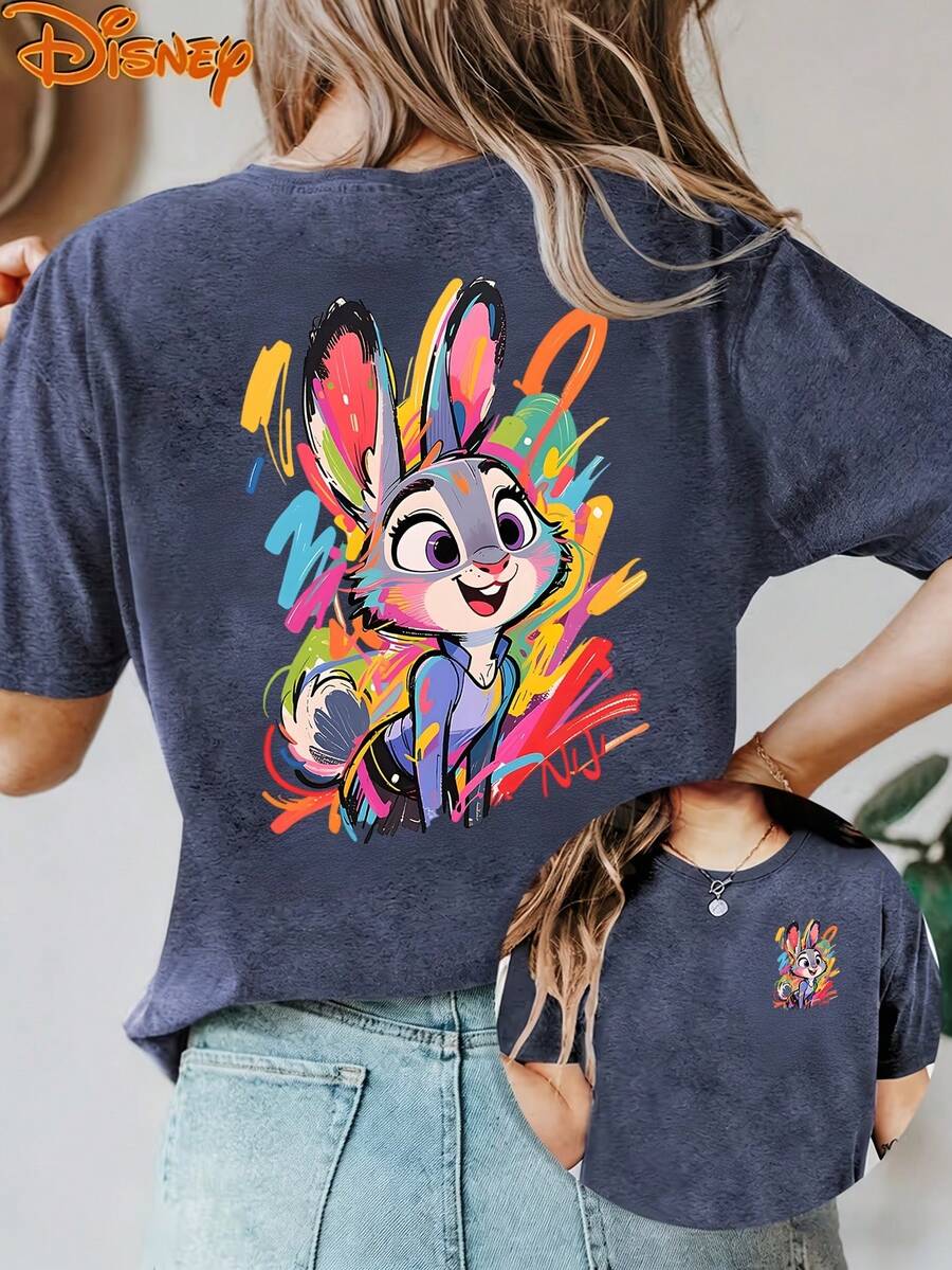 Disney License T Shirts,Disney Zootopia Judy Hopps Graphic T-Shirt For Women, Casual Loose Fit Colorful Graffiti Print Short Sleeve Tee, Cute Disney Movie Character Top, Family Matching Mommy & Me Outfit,  Retro Vacation Daily Wear Summer Fashion Top ,Camiseta, Summer Outfits For Women, Summer Clothes, Summer Tops, Tops For Women, Festival Outfits, Summer Tops For Women, Mother's Day, Mother's Day Clothing, Gifts For Family And Friends, Spring Outfits For Women, Officially Licensed Disney T-Shirts, Disney Men's And Women's Spring/Summer Fashion Casual Short-Sleeve T-Shirts - Màu xanh lam - Xem 1