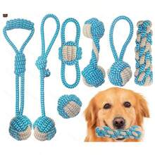 7pcs Durable Chew Toys Set, Suitable For Biting Dogs, Medium & Small Breeds Teething Toys, Sturdy Tug Of War Toy Set With Dual-Color Braided Ropes, Also Help Clean Teeth - Durable Pet Supplies, Chew Toys For Dogs & Cats, Blue & Green Rope Design - 彩色 - 查看 1