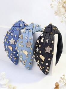1pc Women's Retro Denim Knotted Headband With Rhinestone Star Rivet Decor, Sweet & Spicy Style, Petite Face Flattering, Cute Party Polyester Wide Knotted Headband Hair Band Diadema Hair Hoop - Multicolor - View 1