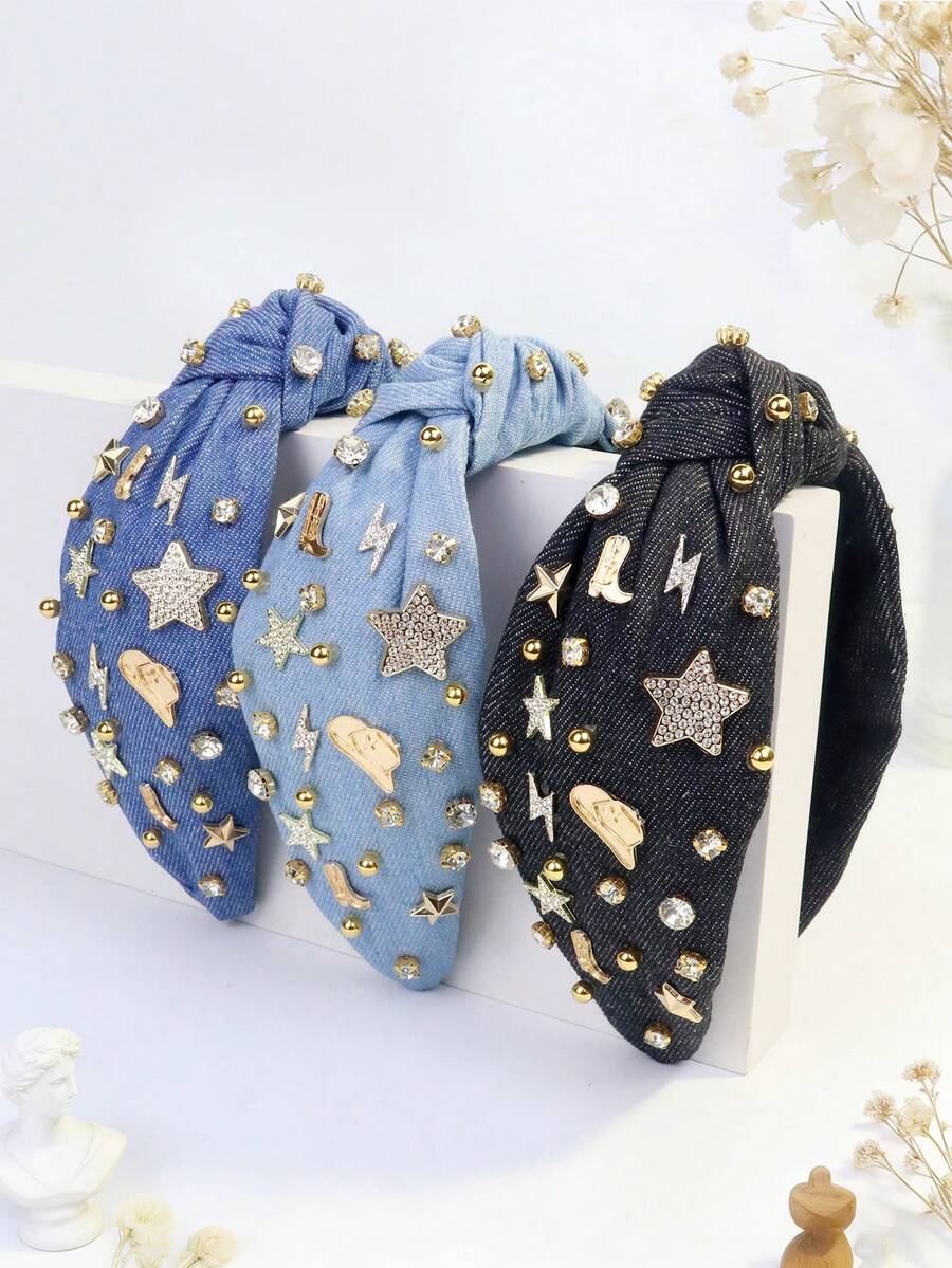 1pc Women's Retro Denim Knotted Headband With Rhinestone Star Rivet Decor, Sweet & Spicy Style, Petite Face Flattering, Cute Party Polyester Wide Knotted Headband Hair Band Diadema Hair Hoop - Multicolor - View 1