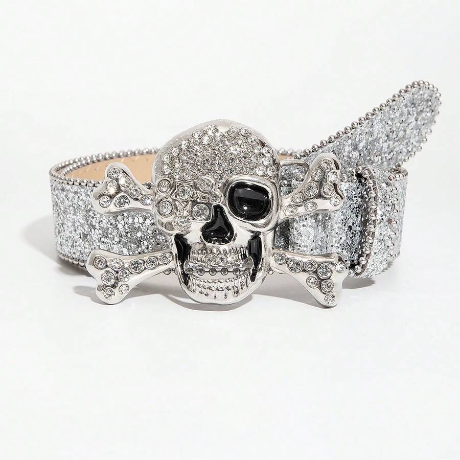 1 Peça Cinto de Denim Masculino Estilo Punk Rock Y2K Prata com Fivela de Metal Crânio Incrustada de Strass, Acessório Versátil para Uso Diário