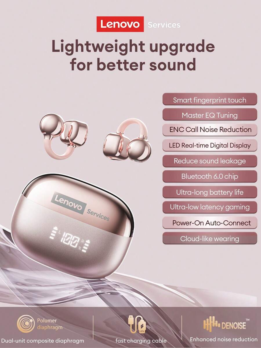 Tai nghe Bluetooth thời trang Lenovo RS119, màn hình LED hiển thị nguồn, âm thanh chất lượng cao cho nghe nhạc hàng ngày, độ trễ thấp cho chơi game, thời lượng pin dài, vừa vặn thoải mái, tai nghe không dây nhỏ gọn tương thích với Android, iOS, PC, món quà tuyệt vời.