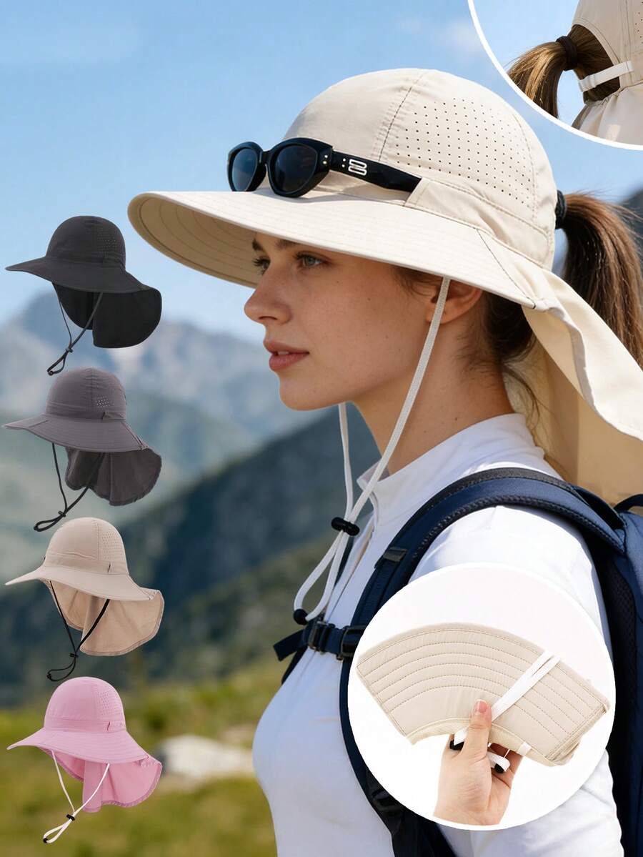 1pc Quick-Dry Visor Hat With Neck Cover, Suitable For Hiking, Trekking, Camping,Summer,Beach,Holiday,Travel - and Shawls That Can Be Inserted - View 1
