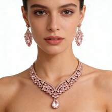 1 Set de Joyería para Mujer, Collar y Aretes Set de 3 Piezas, Diseño Elegante y Lujoso con Piedras Preciosas Artificiales, Adecuado para Novias, Bodas, Banquetes y Fiestas - conjunto de joyas - Ver 4