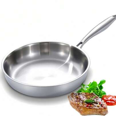 Chảo đáy phẳng bằng thép không gỉ 18-10, thép không gỉ 3 lớp, 304, phù hợp với bếp từ, thiết kế không đinh tán, lý tưởng để chiên bít tết, trứng [Kích thước: 22cm]